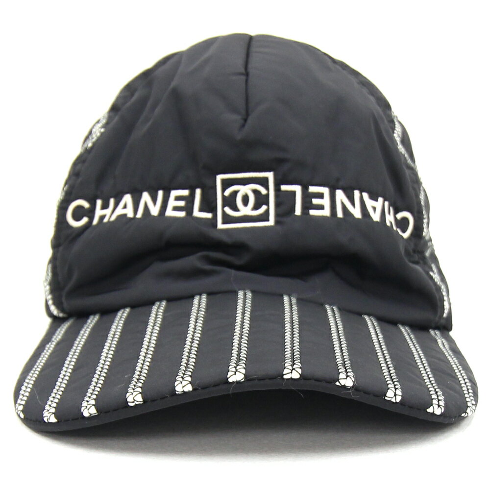 シャネル キャップ スポーツライン ブラック ホワイト ポリエステル サイズL 中古 帽子 黒 ロゴ レディース CHANEL