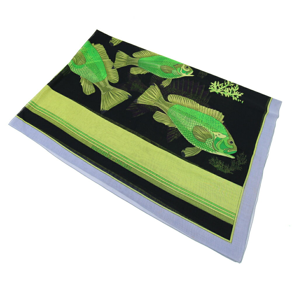 エルメス スカーフ ブラック グリーン グレー コットン100％ 中古 シフォン 薄手 大判 ストール ファッション フィッシュ 魚柄 レディース HERMES