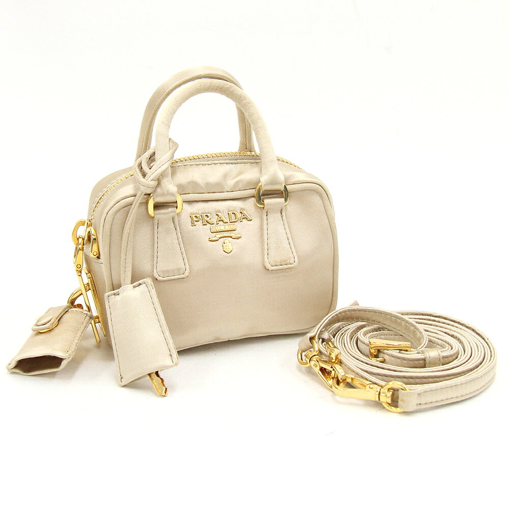 プラダ 2WAYハンドバッグ ベージュ サテン 中古 ミニバッグ ポーチ ショルダーバッグ ロゴ レディース PRADA