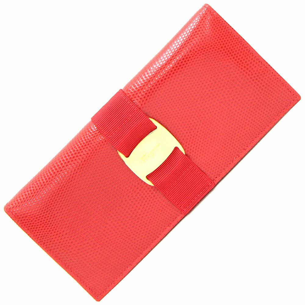 フェラガモ 二つ折り長財布 ヴァラ 22 3059 レッド レザー 中古 ロングウォレット 財布 リボン レディース Salvatore Ferragamo