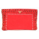 プラダ クラッチバッグ BP5210 レッド キャンバス レザー 中古 スタッズ ビジュー ポーチ レディース PRADA