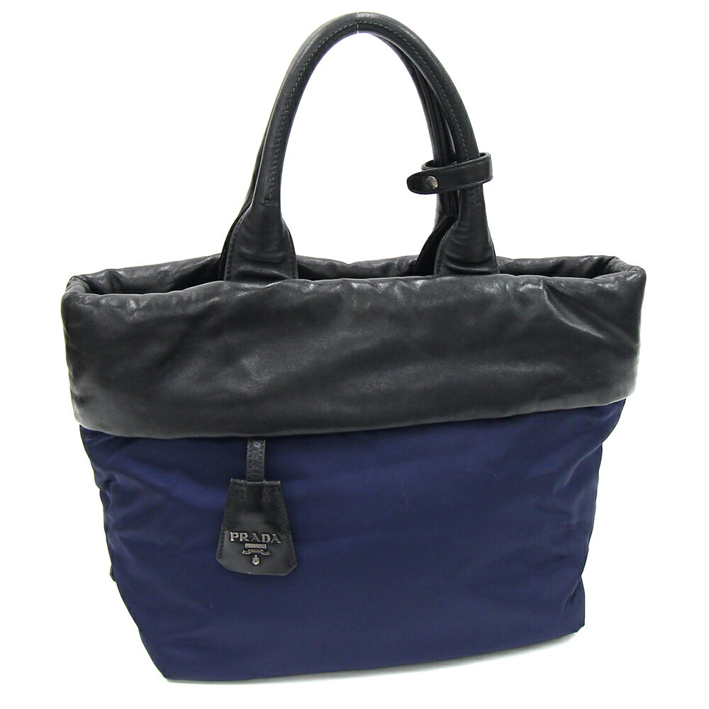 プラダ ハンドバッグ 1BG959 ネイビー ブラック ナイロン レザー 中古 バイカラー ロゴ レディース 女性 PRADA