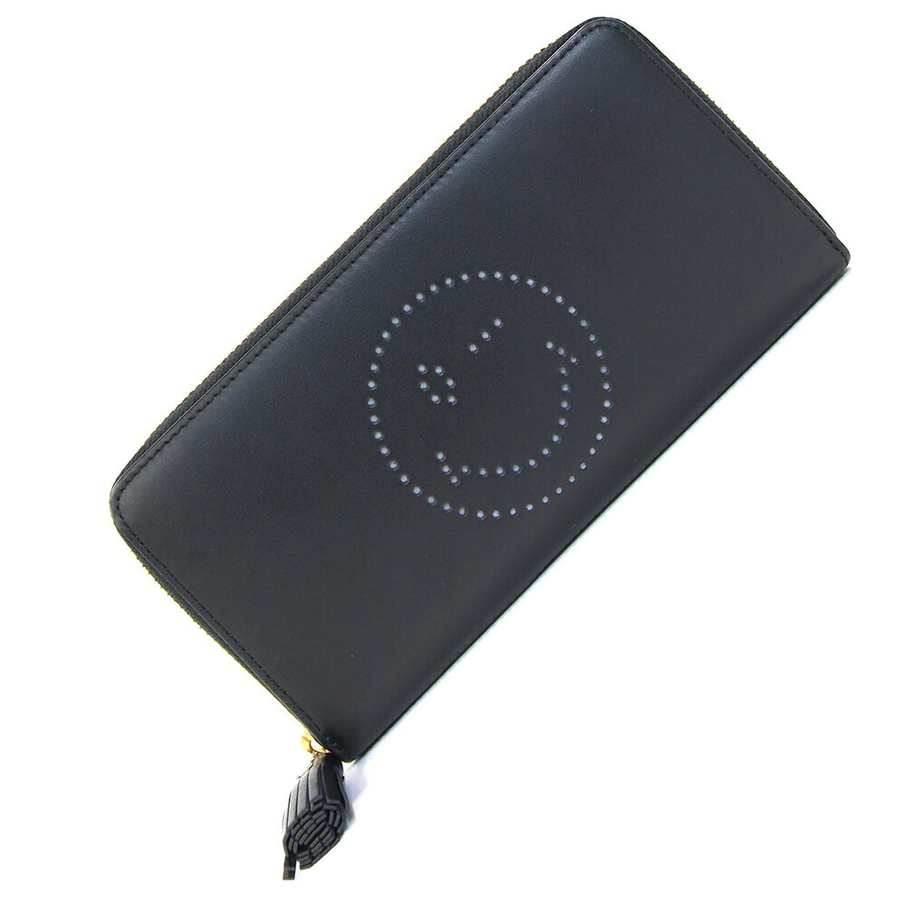 アニヤハインドマーチ ラウンドファスナー長財布 ブラック レザー 中古 ロングウォレット ラウンドジップ スマイル パンチング タッセル レディース ANYA HINDMARCH