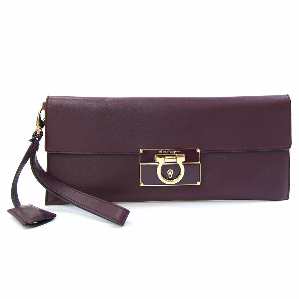 フェラガモ クラッチバッグ ガンチーニ DY21 D734 ダークパープル ゴールド金具 レザー 中古 ハンドバッグ ストラップ付 ロゴ レディース Salvatore Ferragamo