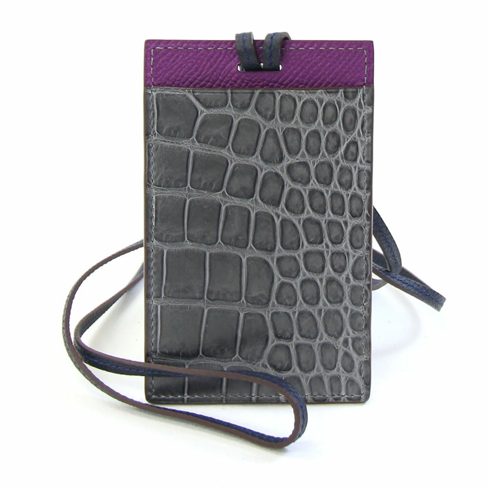 エルメス カードケース プティアッシュ H1023548 アネモネ グリアスファルト アリゲーター ヴォーエプソン 中古 エキゾチックレザー パープル グレー カードホルダー パスケース HERMES