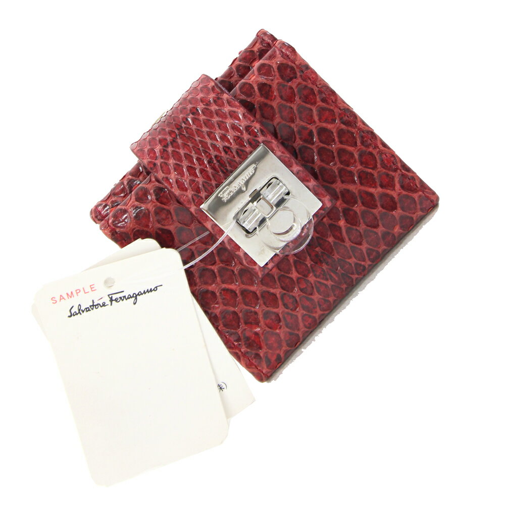 フェラガモ フォトケース ガンチーニ 22 4168 レッド パイソン 中古 ミニ 写真入れ エキゾチックレザー..