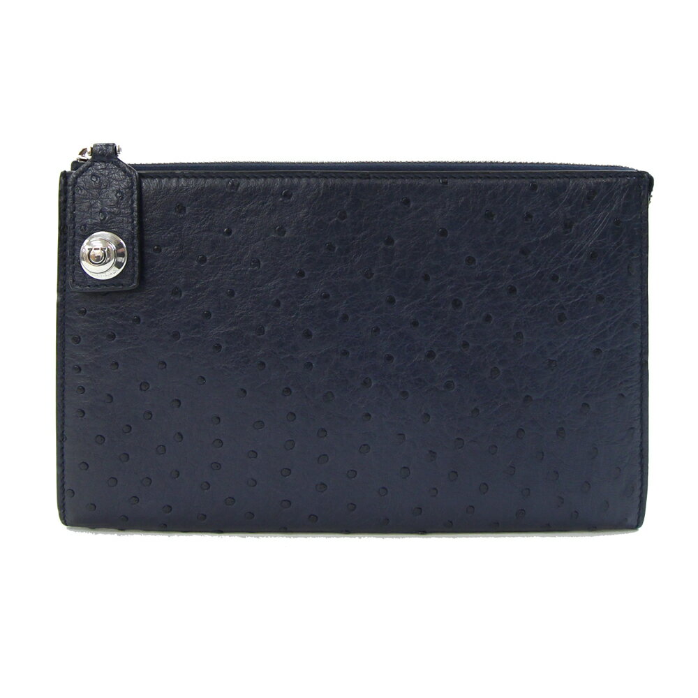 フェラガモ クラッチバッグ ネイビー オーストリッチ 中古 セカンドバッグ ダチョウ エキゾチックレザー メンズ Salvatore Ferragamo