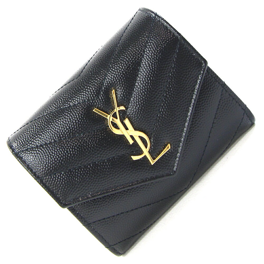 サンローラン 三つ折り財布 カサンドラ マルチフォールドウォレット 692061 ブラック レザー 中古 コンパクトウォレット ミニ財布 ロゴ キルティング レディース SAINT LAURENT