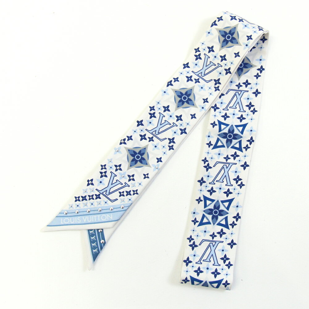 ルイヴィトン スカーフ バンドーBB スタッズ M77828 ホワイト ライトブルー シルク100％ 中古 リボンス..