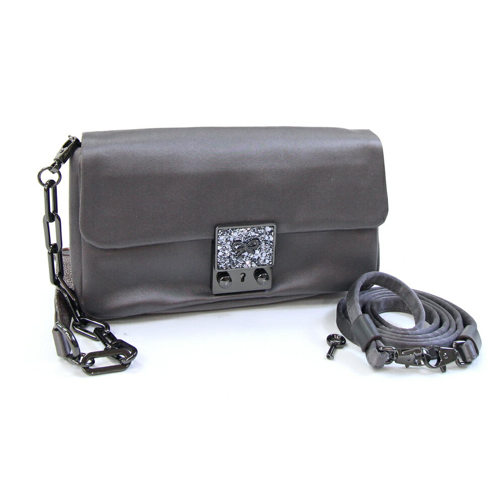 アニヤハインドマーチ 2WAYショルダーバッグ グレー サテン エイ革 中古 チェーンショルダー クロスボ..