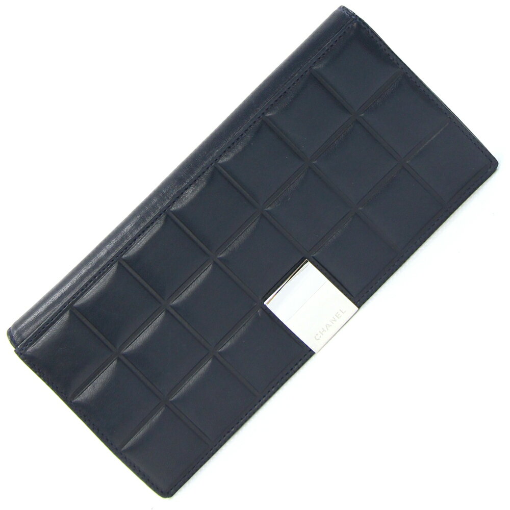 シャネル 二つ折り長札入れ チョコバー ネイビー ラムスキン 中古 ロングウォレット 小銭入れなし ロゴ..