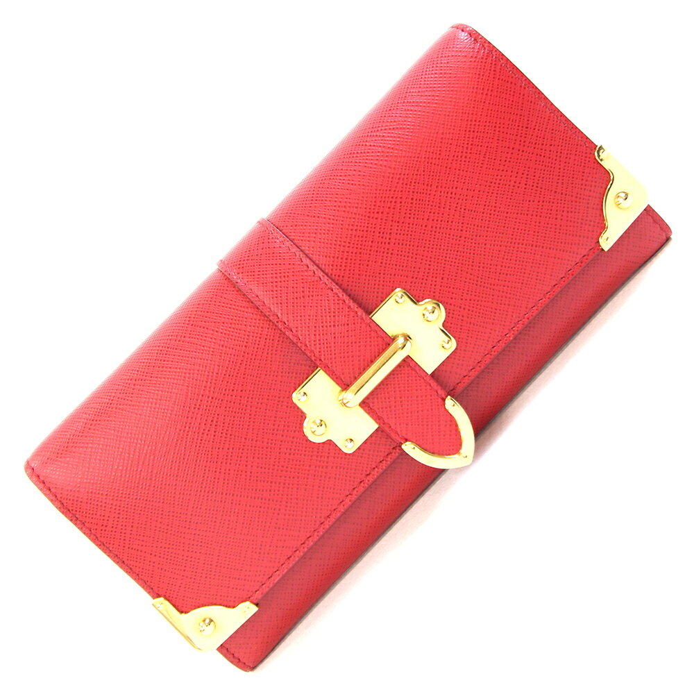 Rakuten - プラダ 二つ折り長財布 1MH132 レッド ゴールド金具 レザー カードケース付き 中古 ロングウォレット ロゴ レディース PRADA