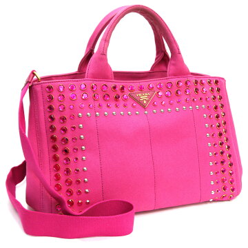 プラダ2WayトートバッグカナパビジューB26420ピンクキャンバス中古ライトストーンスタッズロゴレディースPRADA