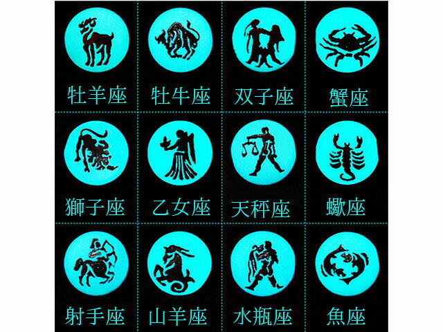 蓄光ビーズ 十二星座 全12種 2個 蓄光 夜光 ガラス アクセサリーパーツ beads821 GreenRoseYumi