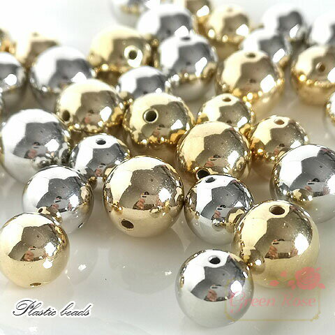 プラスチックビーズ 12mm約100個 14mm約50個 メッキ加工 ゴールド シルバー ラウンド アクセサリーパーツ beads629 GreenRoseYumi