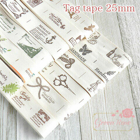 (2m)プリントタグテープ幅25mm 全12タイプ アンティーク 綿 デコ 手芸 リメイク ラッピング tagtape11 GreenRoseYumi