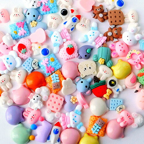キッズ 小さめ デコパーツ 50個 fuku57　セット 福袋 アソート こども 女の子 幼稚園 保育園 アクセサリー ネコ ウサギ パーツ キッズ GreenRoseYumiのサムネイル