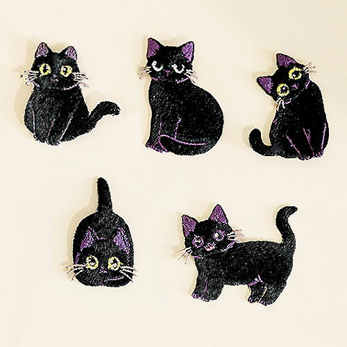 ワッペン にゃんこ 猫 ねこ ネコ 黒猫 糊付き アイロン 接着 貼付 縫付 アニマル 2枚 motif684 GreenRo..