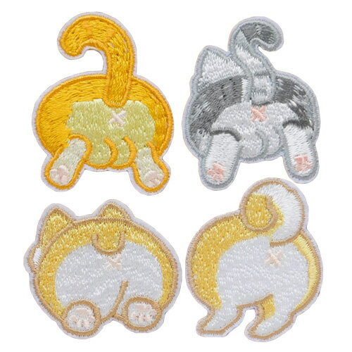 ワッペン にゃんこ わんこ おしり 全4種 2枚 　 糊付き アイロン 接着 貼付 縫付 犬 猫 アニマル motif..