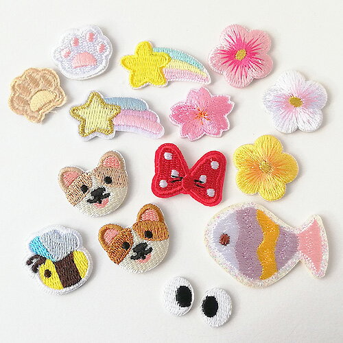 ワッペン 刺繍 アップリケ モチーフ 花 どうぶつ 星 アイロン 糊付き 桜 リボン 犬 5弁花 ハチ キッズ ..