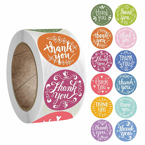 ギフトステッカー ロール シール THANK YOU カラフル 12種 1巻約500枚 seal66 GreenRoseYumi
