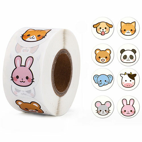 動物 どうぶつ アニマル フェイス ステッカー ロール シール 約25mm 1巻約500枚 ネコ ウサギ イヌ seal-146 GreenRoseYumi