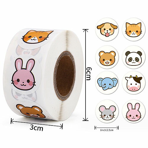 動物 どうぶつ アニマル フェイス ステッカー ロール シール 約25mm 1巻約500枚 ネコ ウサギ イヌ seal-146 GreenRoseYumi