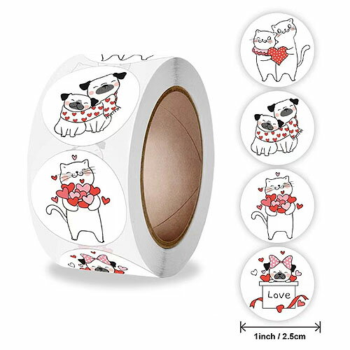 ギフトステッカー ロール シール 白猫 ねこ パグ 犬 ハート love 4デザイン 1巻 約500枚 seal100 GreenRoseYumi