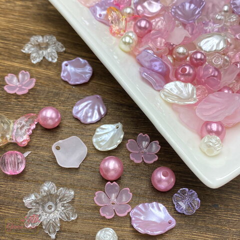 桜 カラー ピンク パープル ビーズ 花びら ペタル ミックス 約100g beads1052 GreenRoseYumi