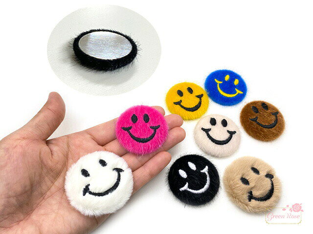 スマイル ファー 包みボタン 貼付け パーツ 全8色 2個 ym1-2075 GreenRoseYumi