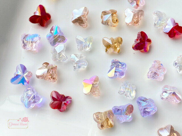ガラス ビーズ 蝶々 バタフライ オーロラ 多面カット 全6色 単色10個 beads1077 GreenRoseYumi