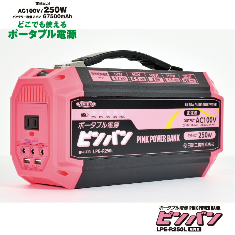 小型軽量なポータブル電源、MAX250W！ 10Wなら17時間使えます！災害や非常用バッテリーとしても! ■仕　様　　　　：屋内用 ■充電電源　　　：AC100/200V(50/60Hz)兼用DC12V ■出　力　　　　：コンセント：AC100V(60HZ) 250Wシガー：DC12V5A USB：DC5V3.1A ■内臓バッテリー：リチウムイオンバッテリー10.8V22500mAh　リチウムイオンバッテリー3.6V67500mAh ■充電時間　　　：7.5時間 ■使用目安時間　：AC100V：10W約17時間/50W約4.5時間/150W約1.5時間/250W約40分 ■サイズ　　　　：W100×D257×H156 ■質　量　　　　：2.9Kg ※付属品　　　　：ACアダプター・シガープラグ充電器（12V専用）・シガーソケット（12V専用）・携帯電話/タブレット用USBケーブル（コネクター3 ※携帯電話は付属しておりません。 在庫のない場合、発送にお時間がかかる場合がございます。 予めご了承の上ご購入ください。