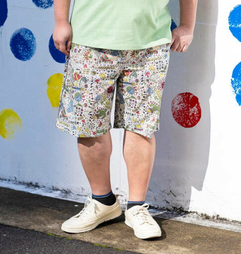 ハーフパンツ ウエストシャーリング(調節ひも有) かるさらエアー 総柄プリント クリフメイヤー KRIFF MAYER ハーフパンツ ウエストシャーリング(調節ひも有) かるさらエアー 総柄プリント クリフメイヤー KRIFF MAYER