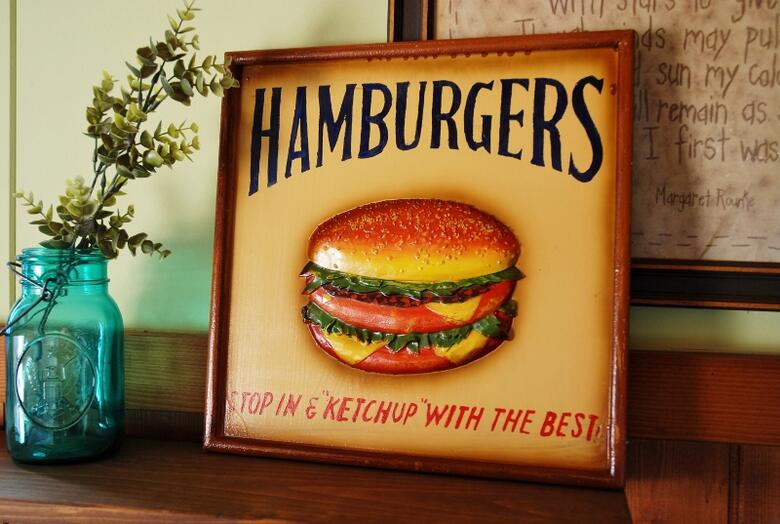 ハンバーガー 立体サイン 送料無料 Antique Board HAMBURGERS アンティークボード ハンバーガー 3D アメリカン カントリー カジュアル 雑貨 フレーム インテリア 絵 アート 立体 パブ ショップ 酒場 壁掛け チーズバーガー 壁掛け バーガーショップ ジャンク プレゼント