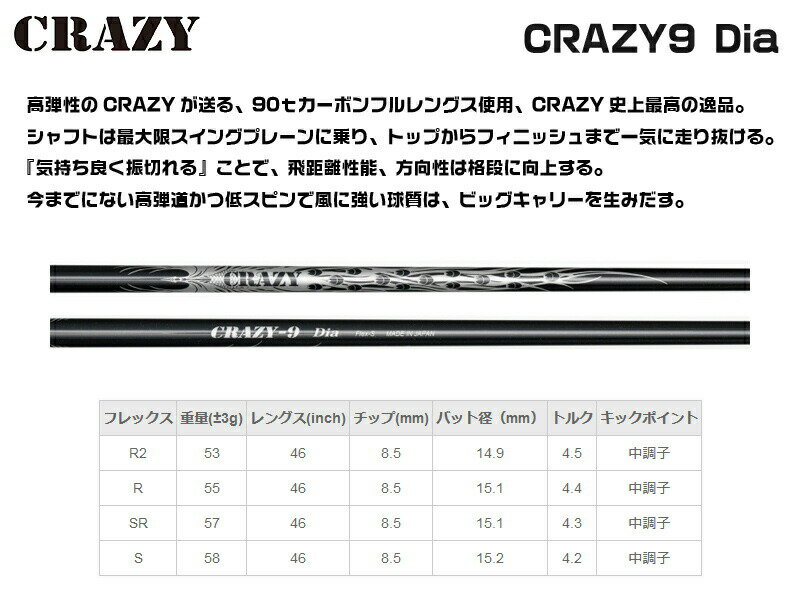 CRAZY クレイジー CRAZY 9 Dia ドライバーシャフト [リシャフト対応] 【シャフト交換 リシャフト 作業 ゴルフ工房】