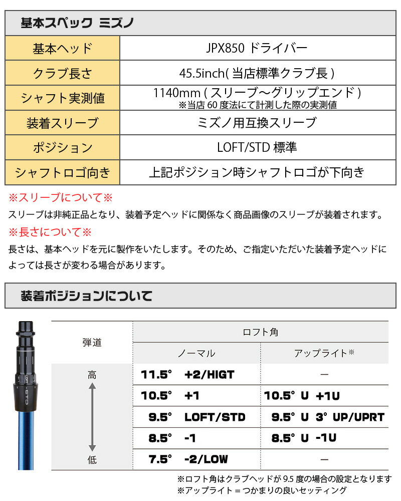 【実店舗で組立】ミズノ用互換 スリーブ付きシャフト Basileus バシレウス α2 アルファ2 [ST230/ST220/JPX] ゴルフシャフト （スリーブシャフト グリップ付 ドライバー スリーブ付シャフト） 2