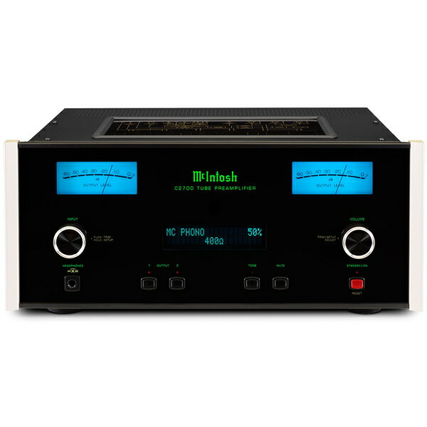 McIntosh　C27000 McIntoshの伝説的な真空管サーキットを現代のテクノロジーと融合させたチューブプリアンプです。C2300(2008)、C2500(2013)、C2600(2016)の後継機になります。 5本の12AX7Aと1本の12AT7双三極管を使用、MM/MCカートリッジ対応のイコライザーサーキット、最新の32bit/384kHzおよびDSD512対応のDAコンバータにより、 McIntoshの一体型チューブプリアンプリファイアーのトップエンドモデルとして、アナログレコードからハイレゾデジタル音源まですべての音楽ソースに McIntoshサウンドでお答えいたします。 仕様 周波数特性：20Hz ～ 20,000Hz(+0、-0.5dB) 15Hz ～ 100,000Hz(+0、-3dB) 全高調波歪率：0.08％以下(20Hz ～ 20,000Hz) 定格出力：5.0V(バランス) 2.5V(アンバランス) 450mV(固定出力) 最大出力電圧：16Vrms(バランス) 8Vrms(アンバランス) 入力感度：900mV(バランス) 450mV(アンバランス) 4.5mV(フォノMM) 0.45mV(フォノMC) S/N比：-100dB(ライン) -82dB(フォノMM) -80dB(フォノMC) 入力インピーダンス：44kΩ(バランス)、22kΩ(アンバランス) フォノMM 47kΩ/50 ~ 800pF(50pFステップ) フォノMC 25、50、100、200、400、1000Ω(100pF) 最大入力レベル：10V(バランス)、5V(アンバランス) 80mV(フォノMM) 8mV(フォノMC) ゲイン：0dB(ライン→固定出力) 15dB(ライン→プリアウト) 40dB(フォノMM→固定出力) 60dB(フォノMC→固定出力) 出力インピーダンス：200Ω(バランス)、100Ω(アンバランス) ヘッドフォン適合負荷インピーダンス 100 to 600Ω デジタル入力サンプリングレート：同軸／TOS 光デジタル入力 24Bit/192kHz USBデジタル入力 32Bit/384kHz DSD64、DSD128、DSD256 DXD352.8kHz、DXD384kHz DINデジタル入力 PCM/DSD 消費電力：50W 0.5W以下(スタンバイ時) 外形寸法：幅 44.5cm 奥行き 41.9cm(突起部含む) 高さ 19.37cm 重量：13.4kg(20.4kg梱包時) 備考：リモコン付属 価格：1,000,000 円 (税別)※お取り寄せ商品