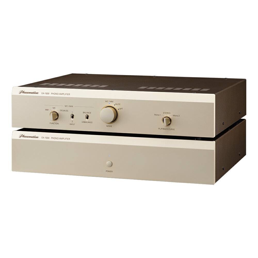 Phasemation　EA-1500 心に刻む音を描く フェーズメーションの新たなる挑戦 EA-2000譲りの革新技術を凝縮したEA-1500 あらゆるカートリッジの性能を余すことなく引き出す2筐体管球式フォノアンプ 主な特長 EA-2000から受け継がれる数々の技術を投入したベストインクラスのサウンドクオリティ NFBを用いないハイスピード＋ダイナミックレンジが広い真空管式フォノアンプ部 巻線も新たに見直したPC-TripleCを使用したMCカートリッジのための昇圧トランス内蔵 フェーズメーションで初めて光カートリッジに対応 真空管による整流回路で高音質を実現する別筐体の3電源トランス構成のクリーン電源部 バランス・アンバランス入出力対応 サウンドチューニングで選び抜かれたトップカバー構造とフットなどの機構部品 コネクタ、リレー接点にも金メッキを使用した鮮度の高い再生 フォノバランス伝送対応MCトランス内蔵と豊富な入力端子 数々の賞に輝いたMCステップアップトランス、T-2000のノウハウを盛り込 んだMC昇圧トランスを内蔵し、フォノバランス伝送に対応しました。 入力端子は3系統を装備し、それぞれにMM/MCの切り替えが可能です。 さらに入力1,2はフォノバランス伝送に対応しております。 EA-2000から受け継がれる数々の技術を投入した ベストインクラスのサウンドクオリティ EA-1500にはこれまでのフェーズメーションの多くのノウハウが投入されています。特にEA-2000で培った多くの技術、LCR型回路、トランスへのシールドとフローティング構造などが継承されており、その結果は最終的なサウンドに反映されています。 NFBを用いないハイスピード＋ダイナミックレンジが 広い真空管式フォノアンプ部 真空管構成のアンプは高電圧で動作するためダイナミックレンジが広いことに加え、NFB回路を使用していない事からよりハイスピードなサウンドを実現しています。 巻線も新たに見直したPC-TripleCを使用したカートリッジのためのトランス どんなカートリッジの再生にも対応できる様EA-1200のトランスをベースにEA-1500用に巻線などを改めて見直した新しいトランスを採用しています。巻線には定評のPC-Triple Cを採用しています。 光カートリッジ対応 フェーズメーションのカートリッジに相性が良いのは勿論ですが、最近のトレンドである光カートリッジにも初めて対応しました。光カートリッジ専用に電源トランスを設け、フォノアンプに干渉しない安定した電源供給を行っています。また光カートリッジの入力用にXLR端子を装備していますが、これは電源分離供給ではなく、従来のMC用バランス型アナログケーブルでも光カートリッジのアンバランス出力を接続できるように設けたものです。 真空管による整流回路で高音質を実現する別筐体のクリーン電源部 EA-1500の電源部はフォノアンプ部と同じフルサイズの1BOXですが、電源内部は2つの電源トランスがL/Rで独立しており、各チャンネル毎の専用電源にしました。整流回路に5U4GBの真空管を採用することで、半導体のようなスイッチングノイズが発生しないクリーン電源が高音質に貢献しています。 バランス・アンバランス入出力対応 入力は2系統、出力は1系統のバランス(XLR)、アンバランス(RCAピン)どちらも対応しています。XLR端子にはノイトリック社製、RCAピン端子は金メッキ端子を採用し高音質なサウンドを再生します。又バランス・アンバランスの同時出力も可能です。 サウンドチューニングで選び抜かれたトップカバー構造とフットなどの機構部品 1.6mm厚トップカバーや異種金属の組み合わせによるハイブリットインシュレーターが振動を抑えピュアなサウンドを再現します。トップカバーは低誘電率塗装により磁気歪の影響も抑えています。 コネクタ、リレー接点にも金メッキを使用した鮮度の高い再生 コネクタやリレーには金メッキの施された高音質部品を採用しサウンドパフォーマンスを向上させています。 製品仕様 入力感度：2mV (MM), 0.1mV (MC) 適合カートリッジ出力インピーダンス：47kΩ以下 (MM), 1.5～40Ω(MC) 利得：40dB(MM), 66dB (MC) 入力換算雑音：-120dBV (MM) , -146dBV (MC) RIAAカーブ偏差：±0.5dB (20～20kHz) 定格出力電圧：200mV (1kHz) 消費電力：70W (100VAC 50/60Hz) 入力端子：MC/MM(RCA x2, XLR x 2, 光(RCAx1, XLR x 1(アンバランス)) 出力端子：RCA x 1, XLR x 1 最大外形寸法・重量：本体部　430 (W) x 93 (H) x 359 (D) mm, 9kg 電源部　430 (W) x 93 (H) x 346 (D) mm, 12kg