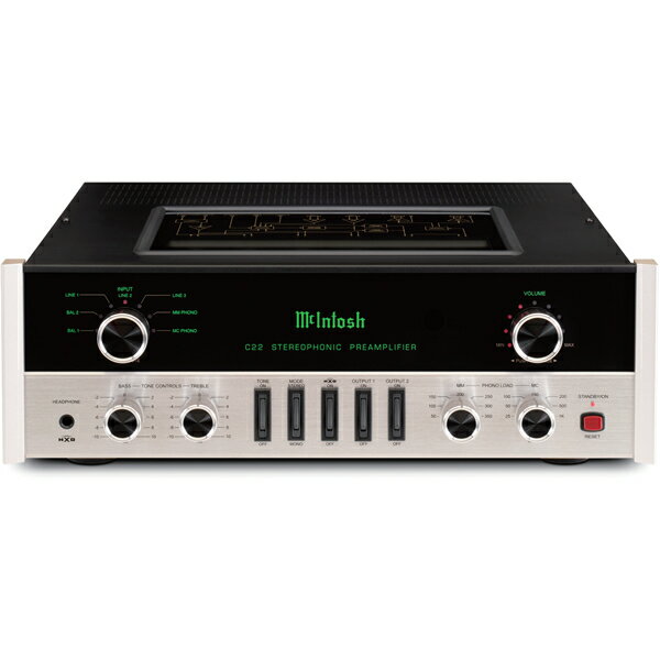 McIntosh　C22V ■周波数特性： 20Hz ～ 20,000Hz （+0、-0.5dB） 15Hz ～ 100,000Hz（+0、-3dB） ■全高調波歪率： 0.08％以下（20Hz ～ 20,000Hz） ■定格出力： バランス 5V、アンバランス 2.5V ■最大出力電圧： バランス 16Vrms、アンバランス 8Vrms ■入力感度： バランス 900mV、アンバランス 450mV フォノ MM 4.5mV フォノ MC 0.45mV ■S/N比 (A-Weighted)： ライン 100dB （定格出力） フォノMM 75dB （5mV入力以下） フォノMC 75dB （0.5mV入力以下） ■入力インピーダンス： バランス 44kΩ、アンバランス 22kΩ フォノMM 47kΩ / 50、100、150、200、250、300、350pF フォノMC 100pF / 25、50、100、150、200、500、1000Ω ■最大入力レベル： バランス 10V、アンバランス 5V フォノ MM 50mV フォノ MC 5mV ■トーンコントロール： 低域±10dB＠20Hz 高域±10dB＠10,000Hz ■電圧ゲイン： 15dB (ライン) 40dB （フォノMM） 60dB （フォノMC） ■出力インピーダンス： アンバランス 100Ω、バランス 200Ω ■ヘッドフォン出力負荷インピーダンス： 16 ～ 250Ω ■パワーコントロールトリガー電圧： DC12V、25mA ■使用真空管： 12AX7A x5、12AT7 x1 ■消費電力： 動作時50W （100V、50/60Hz） スタンバイ時0.5W以下 ■外形寸法： 幅 44.45cm 奥行き 41.6cm（突起部含む） 高さ 15.24cm ■重量： 11.3 kg （18.8 kg梱包時） ■輸送用カートンの寸法： 幅 67.3cm 奥行き 61.6cm 高さ 29.9cm ■価格： 700,000円（税別）※お取り寄せ商品