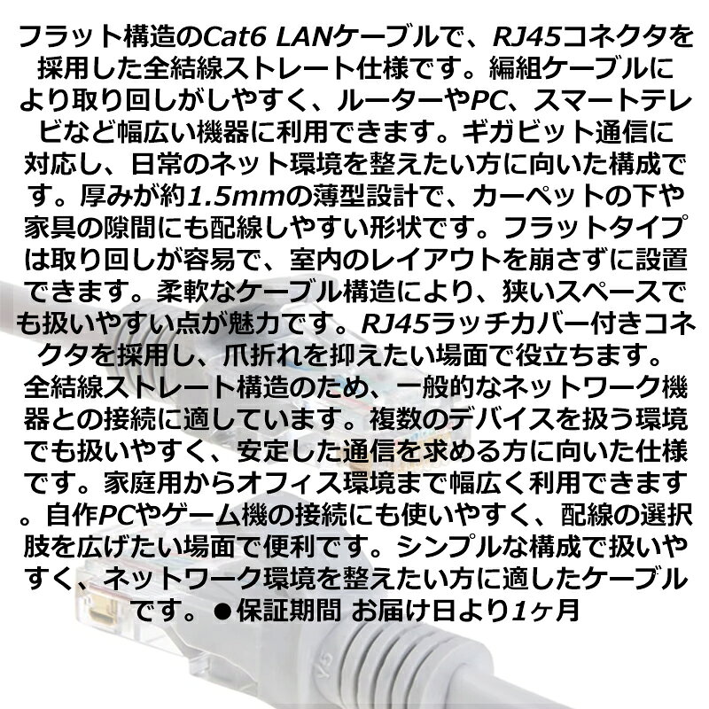 LANケーブル Cat6 RJ45 フラット 全結線 ストレート 編組 ギガビット対応 ホワイト audiofuntech-10009989 オーディオファンテック サンプル画像3