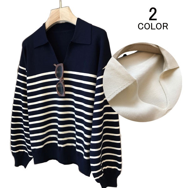 ニット レディース 秋 ニットポロ ボーダー Vネック 襟 襟付き 襟付きニット マリン トラッド カジュア..