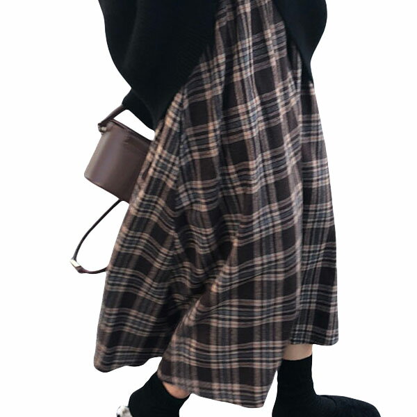 Rakuten - スカート ロング レディース 春 秋 冬 チェック Aライン フレアスカート ボトムス カジュアル 楽 ゆったり きれいめ 可愛い お洒落 普段着 着回し お出かけ デート ベーシック ロンスカ ポケット ウエストゴム カバーアップ チェックスカート