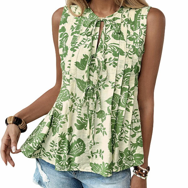Rakuten - トップス ブラウス レディース プリント プリーツ ヨーロピアン風 ユニーク 大人の上品シャツ 涼しい ノースリーブ 清涼感 薄手 部屋着 可愛い お洒落 夏の定番 夏の新作 おしゃれ