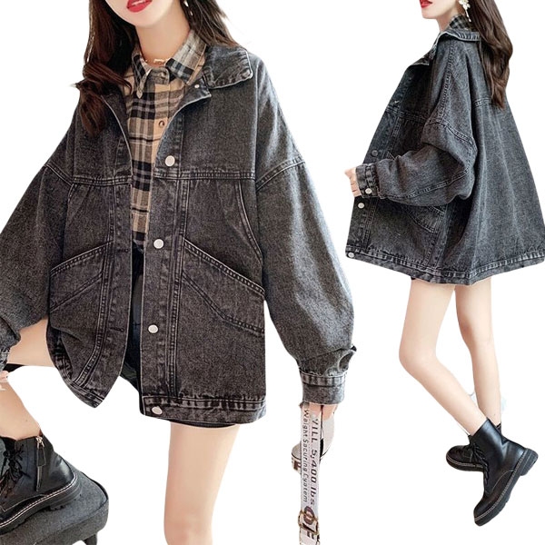 Rakuten - デニムジャケット S/M/L/XL/2XL/3XL パーカー Gジャン レディース アウター 大きいサイズ デニム 長袖 ジージャン コート ミディアム丈 韓国風 着痩せ ゆったり きれいめ ファッション カジュアル かわいい おしゃれ 春物 秋服 2シーズン 新品 お買得！