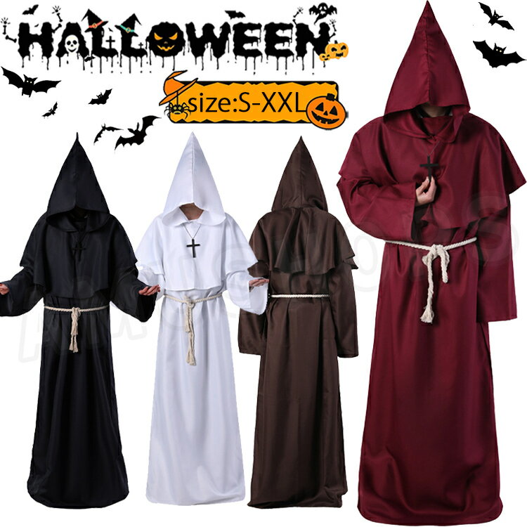 乐天商城 - 中世 修道士 神父 コスプレ ハロウィン 衣装 牧師 僧侶 コスプレ 仮装 変装 女性 男性 ロング ローブ フード付き 大人 ハロウィン コスチューム 大きいサイズ パーティー イベント 文化祭 学園祭 演劇 演出服 コスプレ お化け屋敷