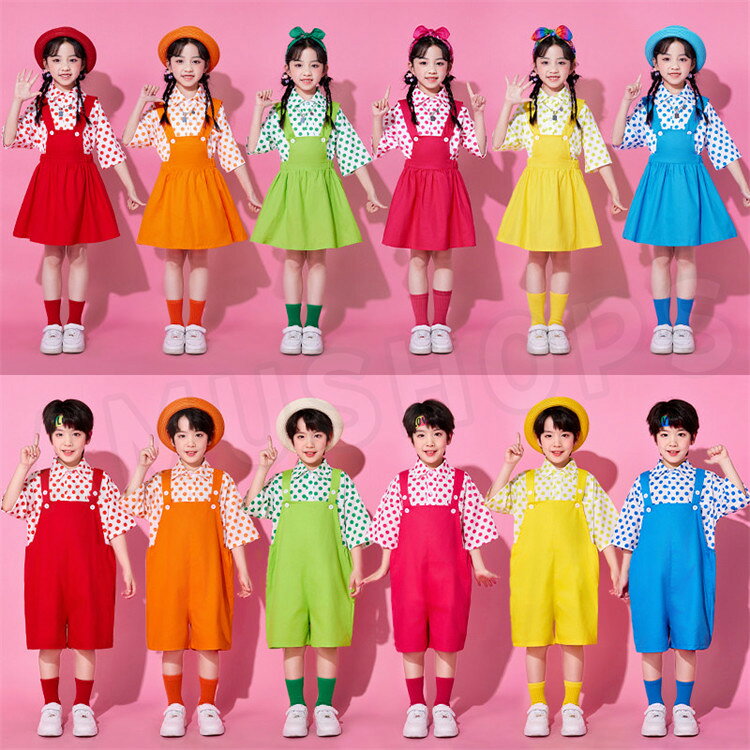 ドット柄 キッズダンス衣装 子供団体服 女の子 男の子 トップス 半袖シャツ ワンピース サロペット 6色選択可 ダンス衣装 セットアップ ジャズ ヒップホップ 応援 演出服 練習着 HIPHOP JAZZ k-pop 発表会 記念撮影 イベント会 ステージ衣装