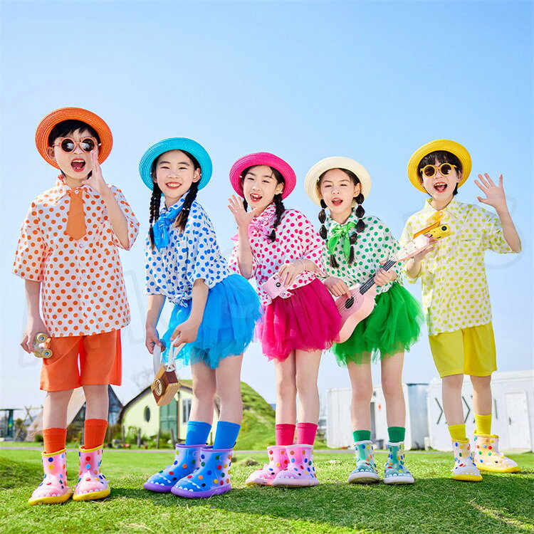 キッズダンス衣装 ドット柄 子供団体服 女の子 男の子 半袖シャツ チュールスカート ハーフパンツ 子供ダンス衣装 セットアップ ジャズ ヒップホップ 応援 演出服 練習着 HIPHOP JAZZ k-pop ステージ衣装 発表会 記念撮影 イベント