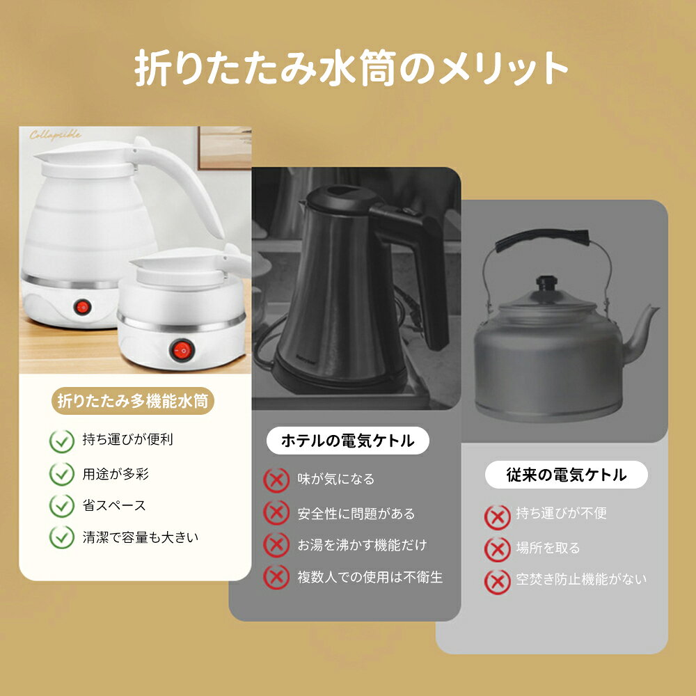 【今日限定P10倍★1年保証】折りたたみケトル 電気ケトル ポット 600ml 折りたたみ シリコン 電気ポット 電気 ケトル 持ち運び 空焚き防止 車中泊 やかん トリップケトル 高速 湯沸かし器 湯沸かしポット ケトル 軽量 一人暮らし シンプル コンパクト 旅行 小型　お花見 auni-10001079 Granwille サンプル画像3