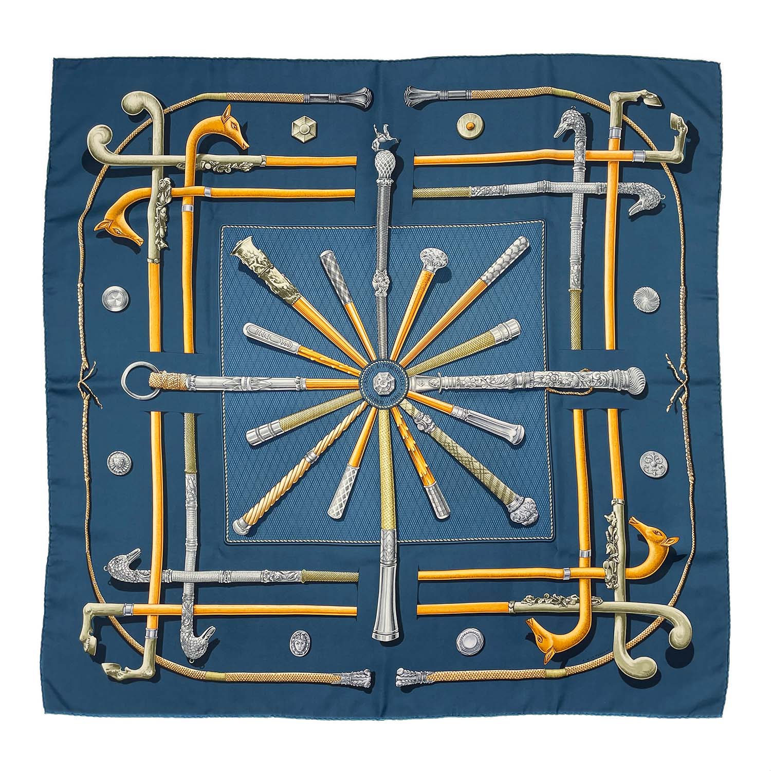 HERMES エルメス カレ90 CANNES & POMMEAUX ステッキ柄 シルクスカーフ K ...