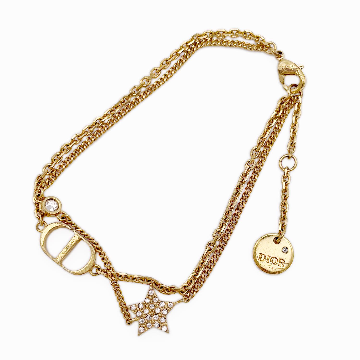 Dior ディオール ブレスレット 〜18.5cm CDロゴ スター 2連チェーン クリアストーン KA-005 【中古】